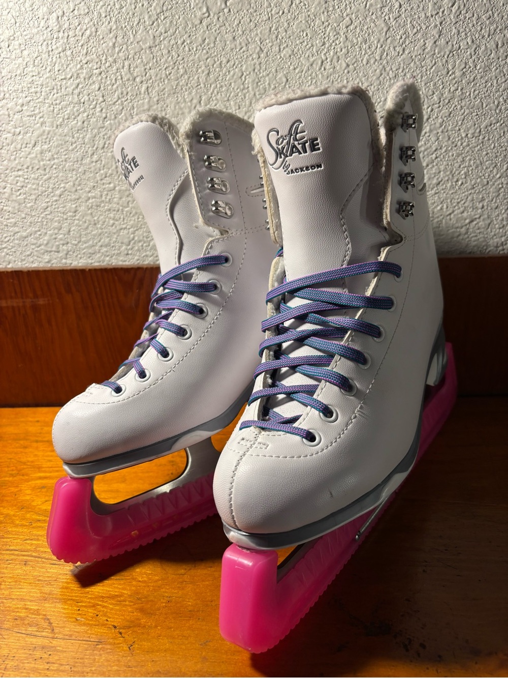 White Figure Ice Skates with Pink Blade Guards Jackson Soft Skate Starter Skates
